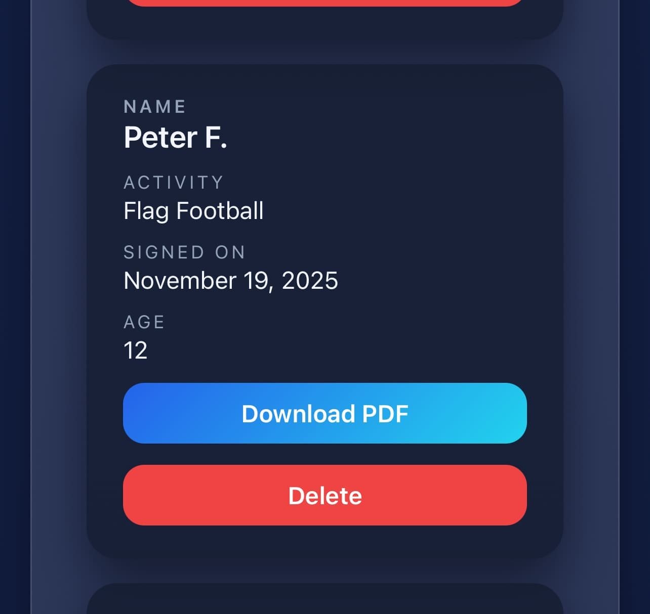 SimpleWaivers dashboard view of stored participant waivers