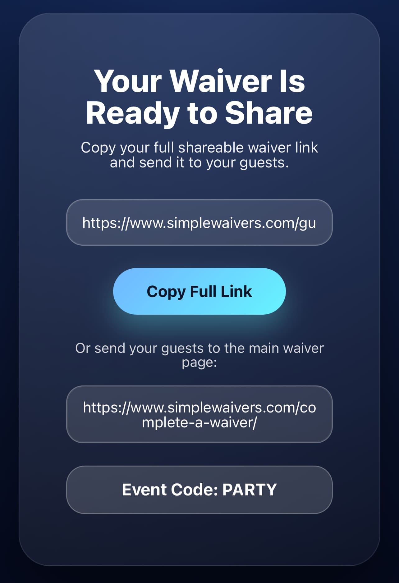 SimpleWaivers account screen showing the unique host code