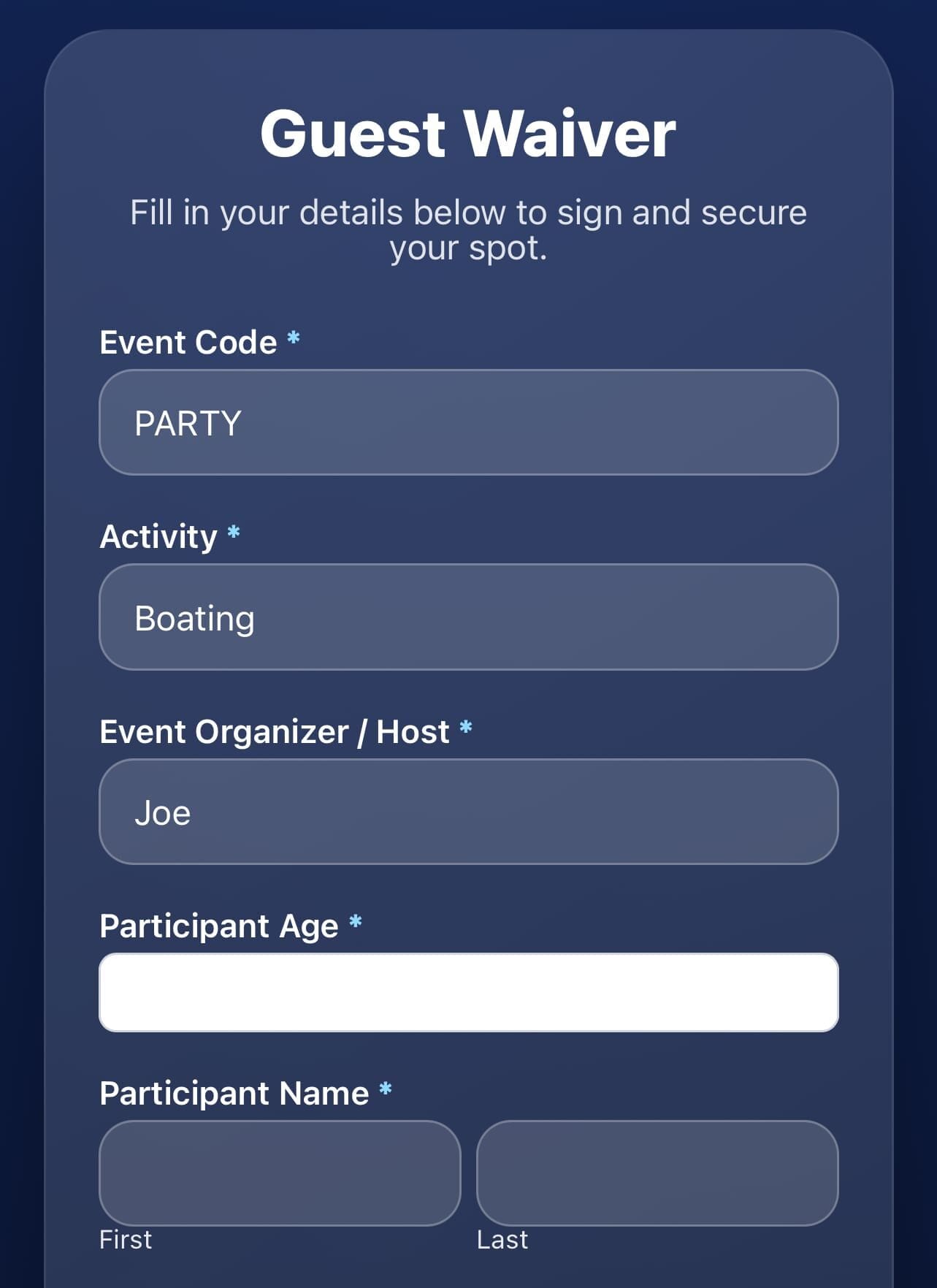 Guest filling out and signing a SimpleWaivers form on a phone