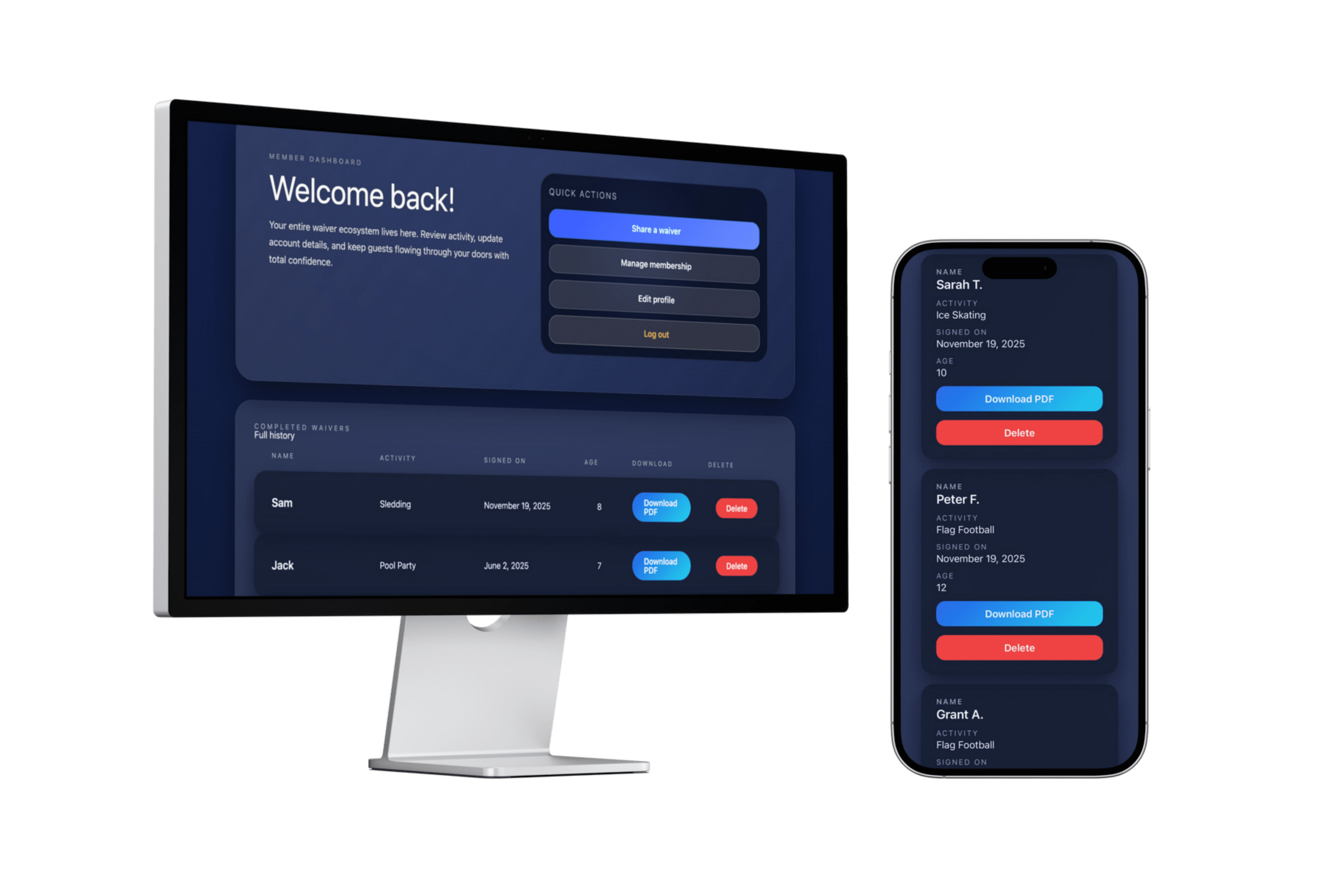 SimpleWaivers digital waiver management dashboard interface